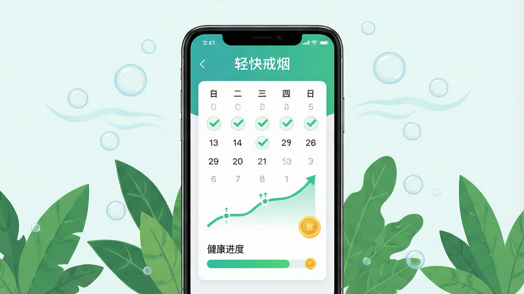 轻快戒烟软件主界面全景展示,画面中央是一部智能手机,屏幕显示戒烟打卡日历与健康进度条,周围环绕绿色植物与清新空气气泡,主体突出手机屏幕内容,布局采用居中对称式构图,排版简洁清晰,风格为扁平化健康医疗风,细节包括日历打勾标记、肺活量上升曲线、金币奖励图标,画质高清,干净无多余元素,图片中文字为“轻快戒烟”