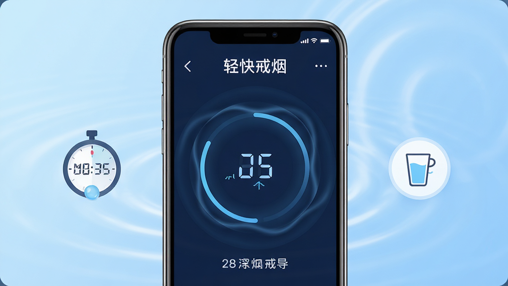 轻快戒烟烟瘾救援功能展示,画面中手机屏幕显示深呼吸引导圆圈动画,周围有计时器与喝水图标,背景为柔和蓝色渐变,主体为手机界面,布局居中,排版简洁,风格为清新治愈风,细节包括动态波纹、呼吸节奏数字、鼓励文字,画质高清,干净无多余元素,图片中文字为“轻快戒烟”