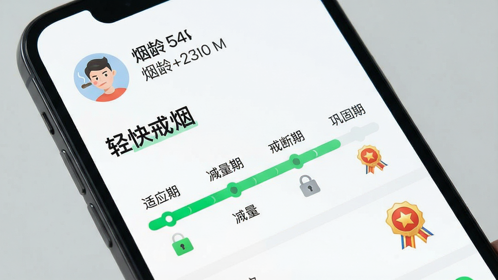轻快戒烟个性化戒烟计划界面,画面展示手机屏幕中四阶段进度条,分别标注适应期、减量期、戒断期、巩固期,屏幕上方有用户头像与烟龄数据,主体为手机界面特写,布局为上下结构,排版左对齐,风格为现代简约科技风,细节包括绿色进度条、锁形图标、奖励勋章,画质清晰,干净无多余元素,图片中文字为“轻快戒烟”