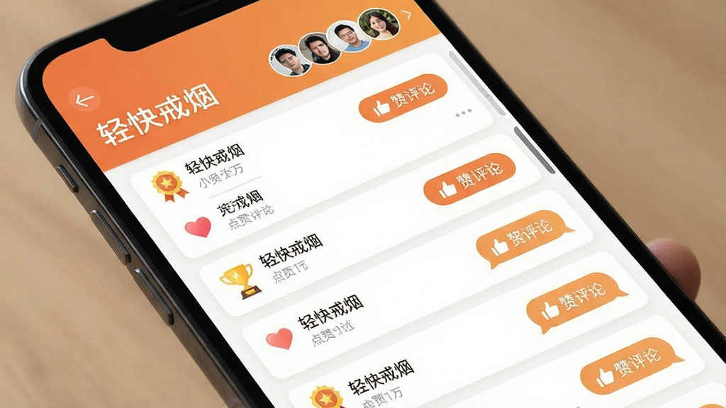 轻快戒烟社区互助界面,画面中手机屏幕显示用户动态列表与点赞评论按钮,顶部有小组名称与成员头像,主体为手机界面,布局为卡片式列表,排版左对齐,风格为社交应用暖色调,细节包括爱心图标、奖杯徽章、聊天气泡,画质清晰,干净无多余元素,图片中文字为“轻快戒烟”
