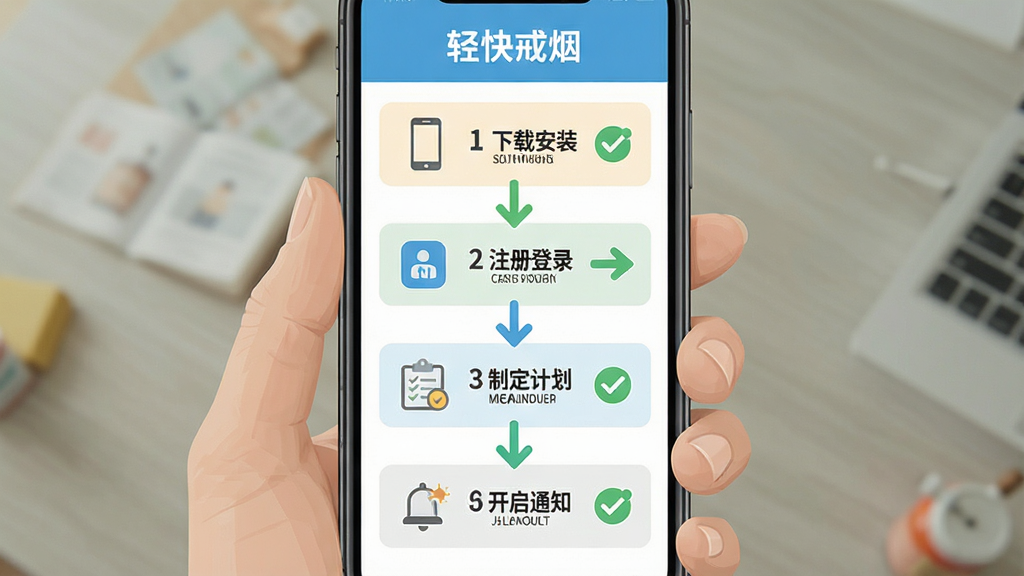 轻快戒烟新手操作指引图,画面中手机屏幕显示分步教程,第一步下载安装,第二步注册登录,第三步制定计划,第四步开启通知,主体为手机界面,布局为纵向步骤条,排版清晰,风格为扁平化教学风,细节包括数字序号、箭头指引、勾选标记,画质高清,干净无多余元素,图片中文字为“轻快戒烟”