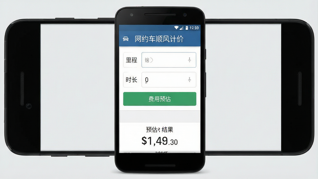 一张展示网约车顺风计价软件主界面的手机截图,画面中央是一部黑色边框的安卓手机,手机屏幕内显示软件主页面,顶部有“网约车顺风计价”文字标题,中部有里程输入框、时长输入框、费用预估按钮,底部显示预估费用结果,背景为浅灰色,整体风格简洁商务,画质清晰,干净无多余元素