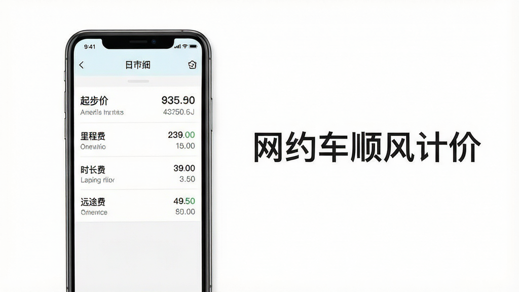 一张网约车顺风计价软件功能展示图,画面中一部手机屏幕显示费用明细列表,包含起步价、里程费、时长费、远途费等项目,手机旁边有“网约车顺风计价”文字标识,背景为白色,风格清新简洁,画质清晰,干净无多余元素