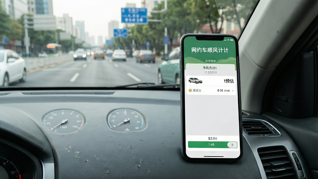 一张网约车顺风计价软件离线使用场景图,画面中一部手机放置在汽车仪表盘旁,手机屏幕显示费用预估界面,屏幕上方有“网约车顺风计价”文字,汽车窗外是城市道路背景,风格写实自然,画质清晰,干净无多余元素