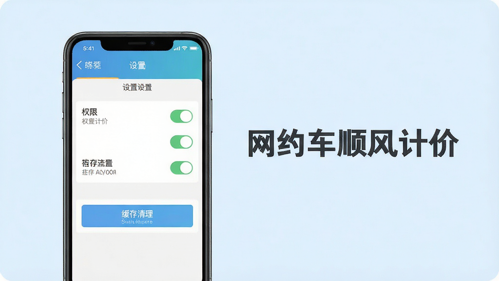 一张网约车顺风计价新手操作示意图,画面中一部手机显示软件设置页面,页面内有权限开关和缓存清理按钮,手机旁边有“网约车顺风计价”文字标注,背景为浅蓝色,风格清新简洁,画质清晰,干净无多余元素