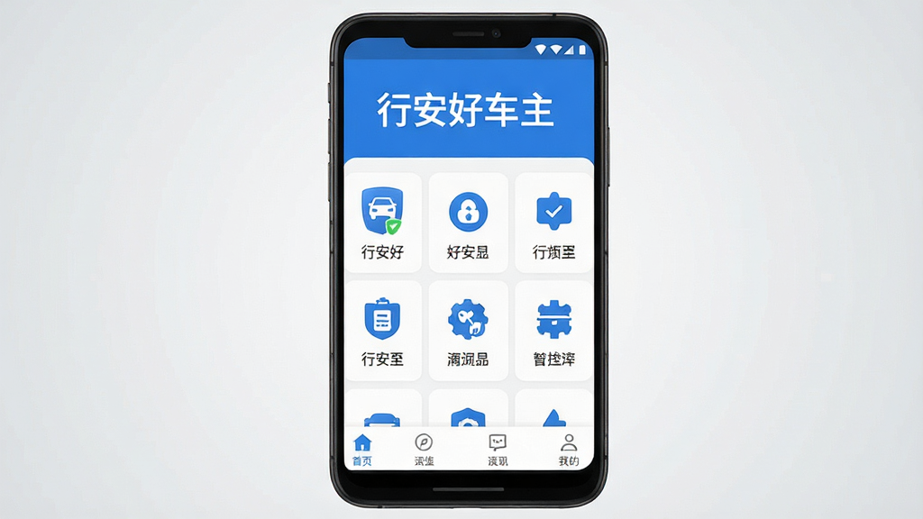 行安好车主应用主界面展示,画面中央是一部安卓手机,屏幕上显示行安好车主软件的首页布局,顶部为醒目的软件名称“行安好车主”,中部排列着功能图标区域,底部有导航栏,整体采用蓝白配色,风格简洁清爽,背景为浅灰色渐变,画面干净无多余装饰,高清画质,产品展示风格,主体突出,排版居中对称,细节清晰,适合软件下载站展示使用