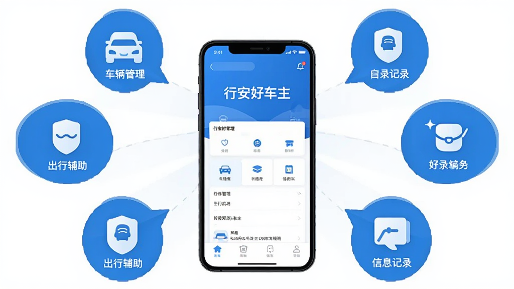 行安好车主一站式服务功能展示图,画面以手机为中心,周围环绕着多个功能气泡图标,分别代表车辆管理、出行辅助、信息记录等模块,手机屏幕内显示“行安好车主”软件界面,整体采用扁平化插画风格,蓝白主色调,背景干净简洁,布局呈放射状排列,画质清晰,无杂乱元素,适合功能特色配图使用