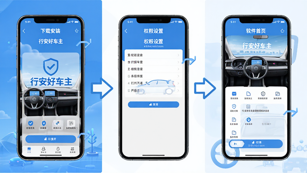行安好车主安装使用步骤示意图,画面分为三个部分,左侧展示手机下载安装界面,中间展示权限设置界面,右侧展示软件首页正常使用界面,整体采用步骤流程排版,蓝白配色,风格简洁清晰,画面中带有“行安好车主”文字标识,高清画质,干净无杂乱元素,适合教程配图使用