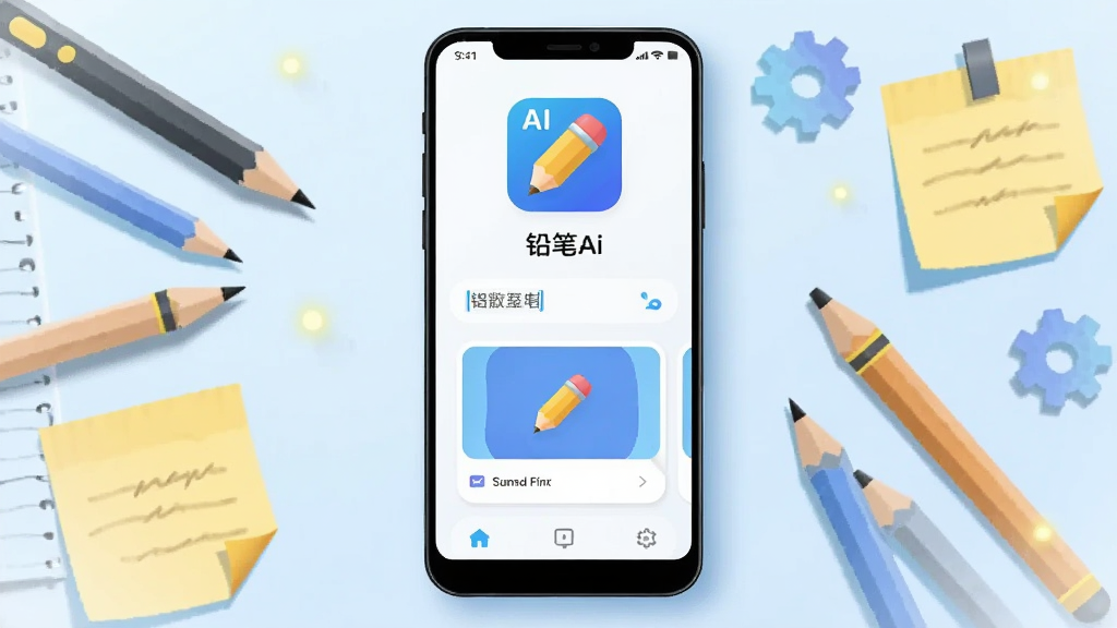 画面中央放置一部安卓手机,手机屏幕显示铅笔Ai应用界面,界面以浅色背景为主,顶部有铅笔形状的AI图标,中间展示对话输入框与生成结果卡片,手机周围散落铅笔、便签纸与齿轮元素,布局采用居中对称构图,风格为扁平化科技插画,细节包括柔和的阴影与微光效果,画质清晰干净,无多余元素,图片中文字为“铅笔Ai”