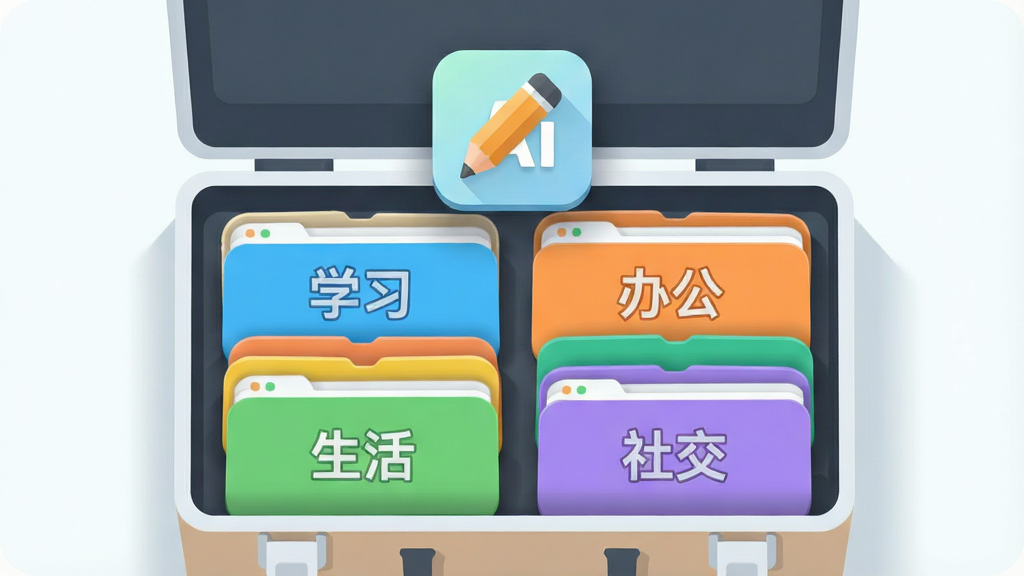 画面中央展示一个打开的工具箱,箱内整齐排列着多个彩色标签卡片,卡片上分别标注“学习”“办公”“生活”“社交”等字样,工具箱上方悬浮铅笔Ai图标,布局采用俯视视角,风格为清新扁平化插画,细节包括柔和的投影与圆角卡片,画质清晰干净,无多余元素