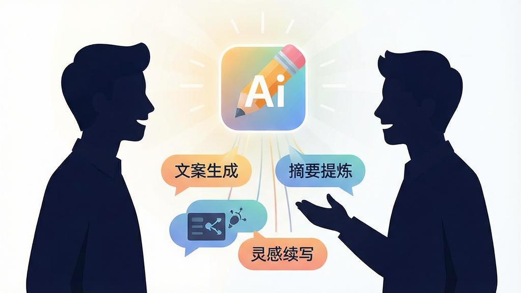 画面主体为两个人物剪影隔空对话,中间悬浮一个发光的铅笔Ai图标,图标下方延伸出多条文字气泡,气泡内写有“文案生成”“灵感续写”“摘要提炼”等字样,布局采用左右平衡构图,风格为现代扁平插画,细节包括渐变光线与圆角气泡,画质干净明亮,无多余元素