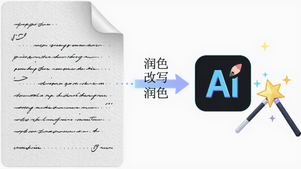 画面左侧放置一张写满文字的纸张,右侧悬浮铅笔Ai图标与魔法棒元素,纸张与图标之间用箭头连接,箭头上标注“润色”“改写”字样,布局采用左右对比构图,风格为简约科技插画,细节包括纸张纹理与发光箭头,画质干净清晰,无多余元素