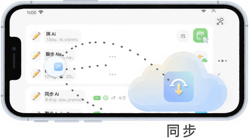 画面中央展示一部手机与一朵云朵图标通过虚线连接,手机屏幕显示铅笔Ai聊天记录列表,云朵下方标注“同步”字样,布局采用上下结构,风格为柔和扁平插画,细节包括云朵的渐变质感与手机的圆角边框,画质干净明亮,无多余元素