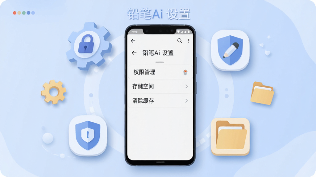画面中央展示一部安卓手机,屏幕显示铅笔Ai设置界面,界面中有“权限管理”“存储空间”“清除缓存”等选项,手机周围环绕齿轮、盾牌与文件夹图标,布局采用环绕式构图,风格为扁平化科技插画,细节包括柔和的投影与圆角图标,画质干净清晰,无多余元素,图片中文字为“铅笔Ai 设置”