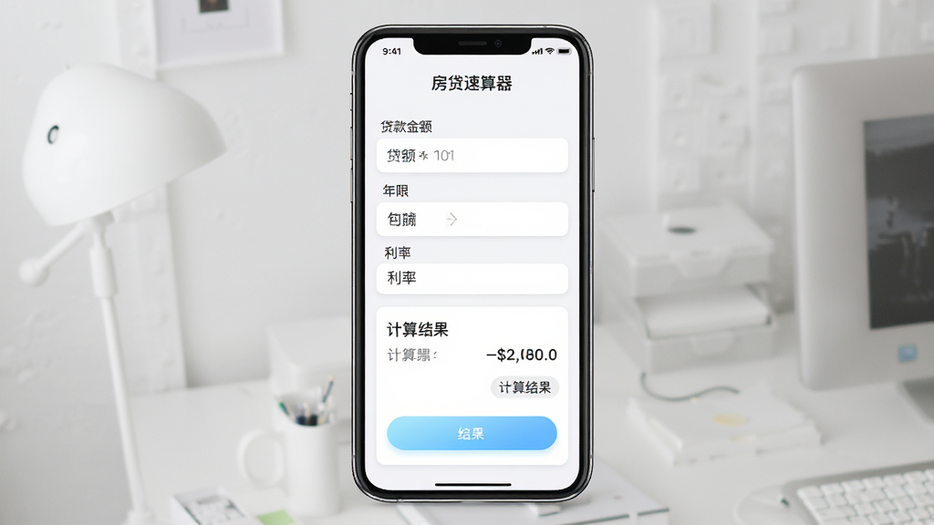 一款名为“房贷速算器”的手机应用界面展示,主体为一部竖屏智能手机,屏幕内呈现简洁的房贷计算器UI,包含贷款金额、年限、利率输入框和计算结果区域,布局居中,排版清晰,风格为现代扁平化科技风,细节上带有浅蓝色渐变按钮和白色卡片式结果面板,画质高清,画面干净,无多余元素