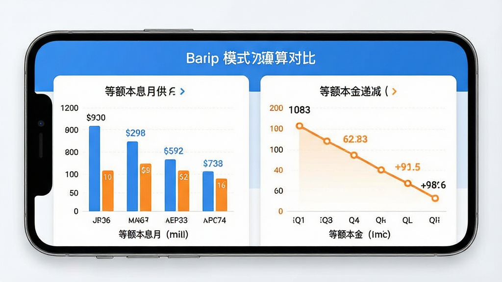手机屏幕中展示“房贷速算器”双模式还款对比界面,左侧为等额本息月供柱状图,右侧为等额本金递减折线图,主体突出数据可视化,布局为上下分栏排版,风格为清爽商务风,细节包括蓝色与橙色图表配色、白色背景卡片、数字标注清晰,画质高清,画面干净,无多余元素