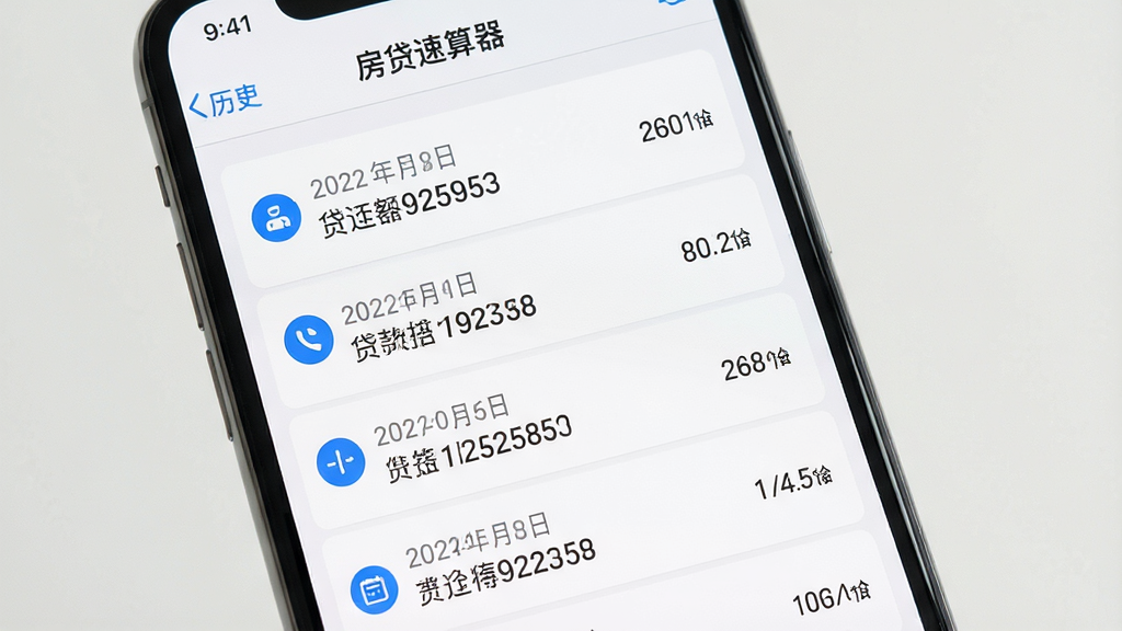 一部手机屏幕显示“房贷速算器”的历史记录列表界面,主体为多条测算记录卡片,布局为垂直列表排版,风格为极简浅色风,细节包括每条记录显示日期、贷款金额和月供数字,卡片带有浅灰色分隔线和蓝色小图标,画质高清,画面干净,无多余元素