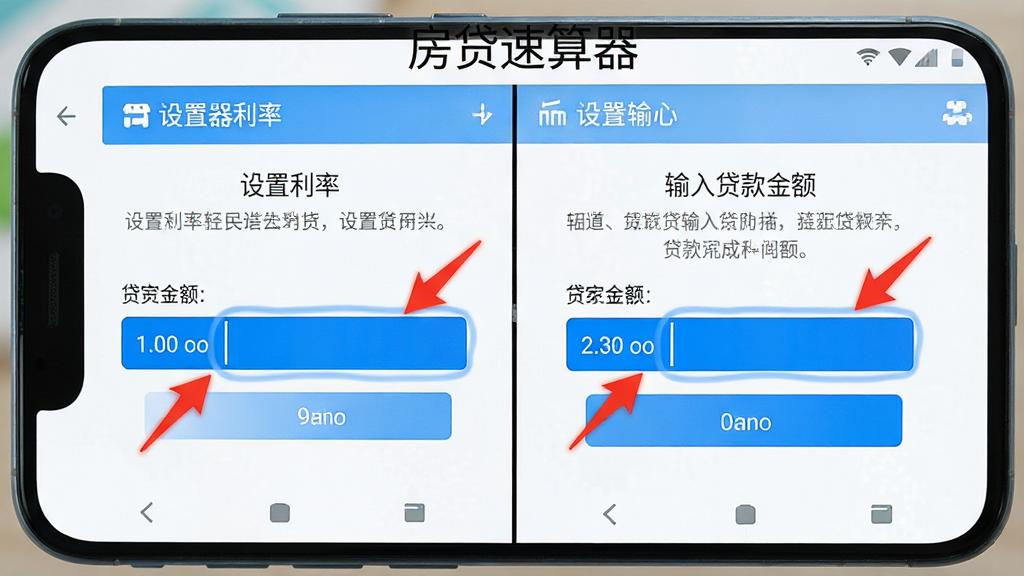 一部安卓手机展示“房贷速算器”的使用教程截图,主体为手机屏幕分屏显示设置利率和输入贷款金额两个操作步骤,布局为左右分栏排版,风格为清新教学风,细节包括红色箭头标注操作位置、蓝色高亮输入框、白色背景和浅灰色说明文字,画质高清,画面干净,无多余元素