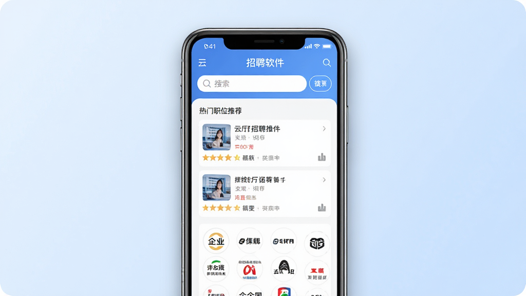 一张展示云厅招聘软件核心界面的手机预览图,主体是一部智能手机,屏幕上显示云厅招聘APP的首页,包含搜索框、热门职位推荐列表和企业logo墙,布局居中对齐,排版清晰,风格现代简约商务,细节上手机边框有轻微阴影,背景是柔和的浅蓝色渐变,画质高清,干净,无多余元素