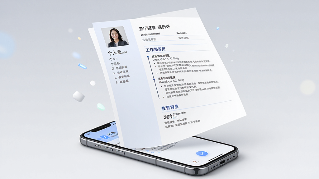 一幅展示云厅招聘简历投递功能的AI生图,主体是一份精美的电子简历文件从手机屏幕中飞出,布局为手机在下方,简历在上方展开,排版居中,风格简洁明快,细节上简历上有个人信息、工作经历和教育背景等字段,画质高清,干净,无多余元素