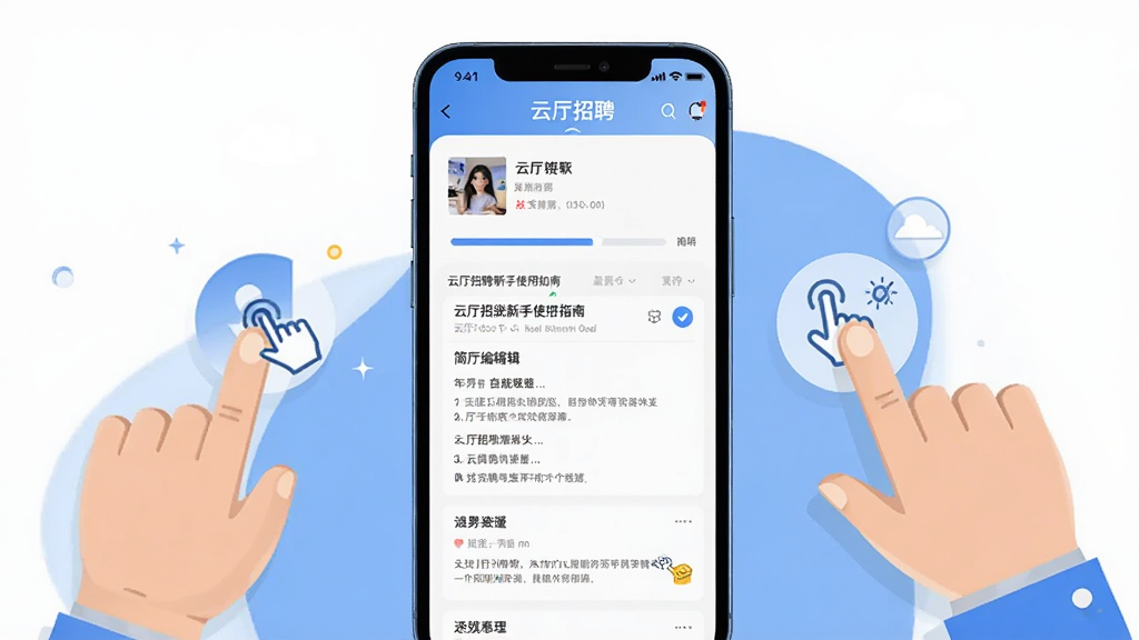一幅展示云厅招聘新手使用指南的AI生图,主体是一个手机屏幕显示云厅招聘APP的简历编辑页面,布局为手机居中,旁边有手指点击的图标,排版简洁,风格扁平化插画,细节上屏幕中有简历填写进度条和提示文字,画质高清,干净,无多余元素