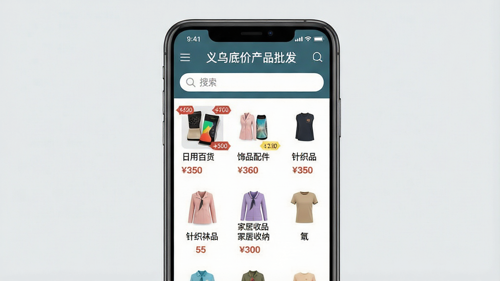 一张手机屏幕展示义乌底价产品批发软件首页的画面,画面中央是手机界面,界面上方显示软件名称“义乌底价产品批发”,下方排列着日用百货、饰品配件、针织袜品、家居收纳等商品分类图标,背景是简洁的浅灰色,风格为扁平化移动端UI设计,细节包括商品缩略图、价格标签、搜索框,画质清晰,干净,无多余元素
