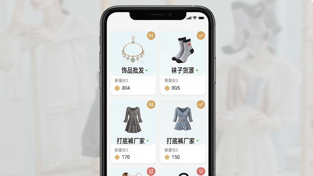 手机应用界面展示义乌底价产品批发软件的商品分类页面,画面主体是手机屏幕,屏幕内呈现多个商品分类卡片,卡片上标注“饰品批发”“袜子货源”“打底裤厂家”等文字,布局为两列网格排列,风格为清新浅色系移动端设计,细节包括分类图标、商品数量提示,画质清晰,干净,无多余元素