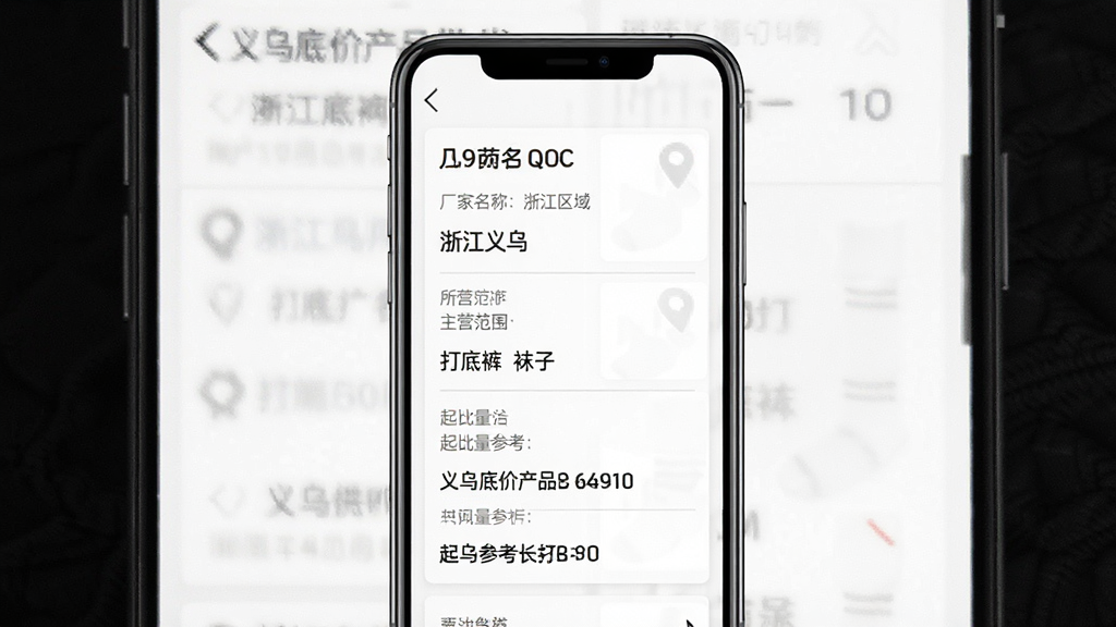 手机屏幕展示义乌底价产品批发软件的供应商详情页,画面中央是手机界面,界面上显示厂家名称、所在区域“浙江义乌”、主营范围“打底裤 袜子”、起批量参考等文字信息,背景为白色,风格为简洁商务移动端设计,细节包括信息卡片、分割线,画质清晰,干净,无多余元素