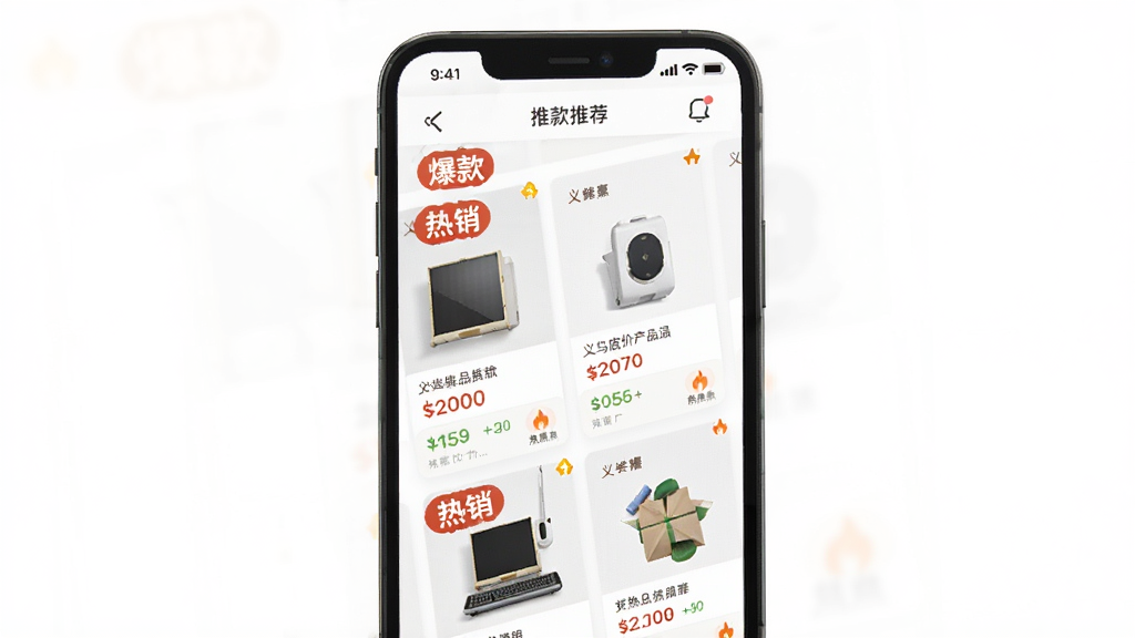 手机应用界面展示义乌底价产品批发软件的爆款推荐页面,画面主体是手机屏幕,屏幕内呈现多个商品卡片,卡片上标注“爆款”“热销”标签,布局为纵向列表,风格为明亮活泼的移动端设计,细节包括商品图片、价格标签、热度图标,画质清晰,干净,无多余元素