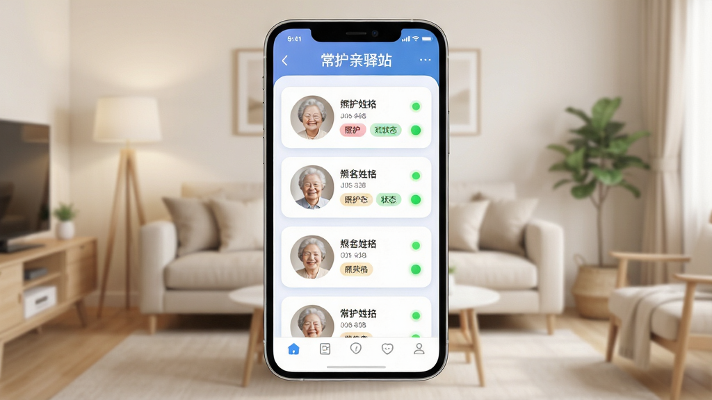 一张表现常护亲驿站亲情照护一体化功能的界面示意图,画面主体为手机屏幕,屏幕上展示家庭成员档案卡片列表,每张卡片包含长辈头像、姓名、照护标签与状态指示灯,背景为淡雅的家庭客厅场景虚化处理,布局采用上下分层结构,上方为软件名称“常护亲驿站”标题栏,中部为卡片列表,下方为功能导航栏,风格为现代简约的UI设计风,细节包含圆角卡片、柔和渐变、清晰的图标与文字标注,画质高清干净,无多余元素