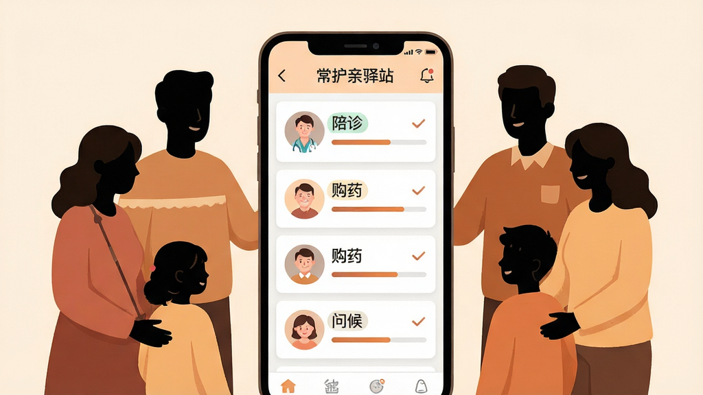 一张展示常护亲驿站多成员协作照护功能的场景图,画面中一部手机屏幕显示任务分配看板,看板上有多个家庭成员头像与对应任务标签,如“陪诊”“购药”“问候”,手机旁边有几位家庭成员剪影围绕,布局采用中心发散式构图,手机居中,人物环绕,风格为温馨写实的扁平插画风,细节包含任务勾选图标、进度条、柔和暖色调,画质高清干净,无杂乱元素