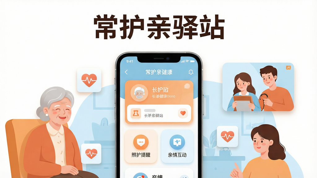 一张展示常护亲驿站软件核心全貌的宣传图,画面中央是一部智能手机,屏幕上显示常护亲驿站应用主界面,界面中包含长辈健康卡片、照护提醒、亲情互动图标等元素,手机周围环绕着温馨的家庭照护场景插画,如长辈微笑、子女远程查看、健康数据小图标,整体布局采用居中对称构图,上方留白放置醒目的软件名称“常护亲驿站”文字,风格为温暖清新的扁平化插画风,细节包含柔和阴影、圆角卡片、淡橙色与浅蓝色主色调,画质高清干净,无多余杂乱元素