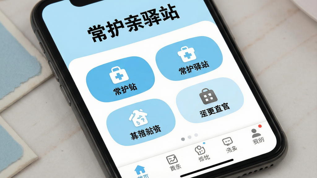 一张表现常护亲驿站操作简单易上手特点的界面展示图,画面为手机屏幕特写,屏幕上显示大字体、大按钮的首页界面,主色调为浅蓝与白色,按钮带有明显的图标与文字标签,布局简洁,上方为软件名称“常护亲驿站”,中部为四个大功能入口,下方为底部导航,风格为适老化UI设计风,细节包含高对比度文字、圆润按钮、充足留白,画质高清干净,无多余装饰元素