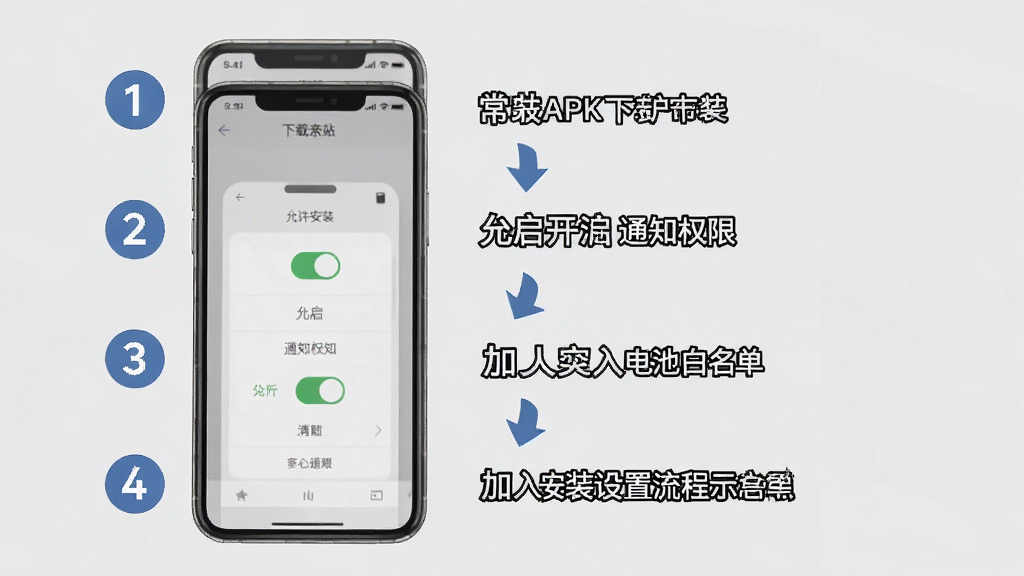 一张常护亲驿站新手安装设置流程示意图,画面以手机屏幕为主,分步骤展示下载APK、允许安装、开启通知权限、加入电池白名单四个操作界面,每个步骤用数字标签标注,布局采用纵向流程图形式,背景为浅灰色,风格为简洁明了的教程插图风,细节包含清晰的箭头引导、权限开关图标、手机边框,画质高清干净,无多余文字和装饰