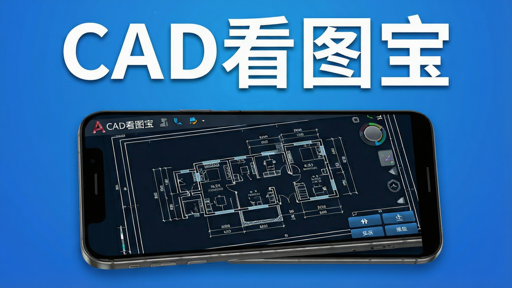 一张展示CAD看图宝软件界面的图片。主体是一部安卓手机,屏幕上显示着清晰的CAD建筑图纸,图纸上有各种线条和标注。布局采用居中构图,手机微微倾斜展示立体感。排版上,软件名称“CAD看图宝”以醒目的字体出现在屏幕上方。风格为现代科技感,背景是简洁的渐变蓝色。细节上,图纸线条锐利,界面按钮清晰可见。画质高清,干净,无多余元素。