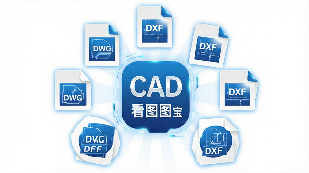 一张展示CAD看图宝全格式兼容特性的图片。主体是几份不同格式的图纸文件图标,如DWG、DXF,围绕在“CAD看图宝”的Logo周围。布局采用放射状排版。风格为扁平化设计,色彩使用蓝白相间。细节上,图标设计简洁明了,带有科技感的光效。画质清晰,干净,无多余元素。