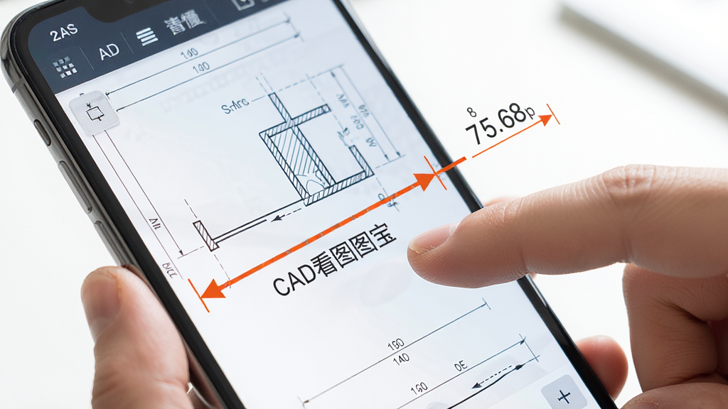 一张展示CAD看图宝测量功能的图片。主体是一部手机,屏幕上显示CAD图纸,一条测量线正在测量一段距离,旁边显示着测量数据。布局为手持手机的特写。风格为写实风格,光线明亮。细节上,手指正在点击屏幕操作,测量线清晰醒目。画质高清,干净,无多余元素。