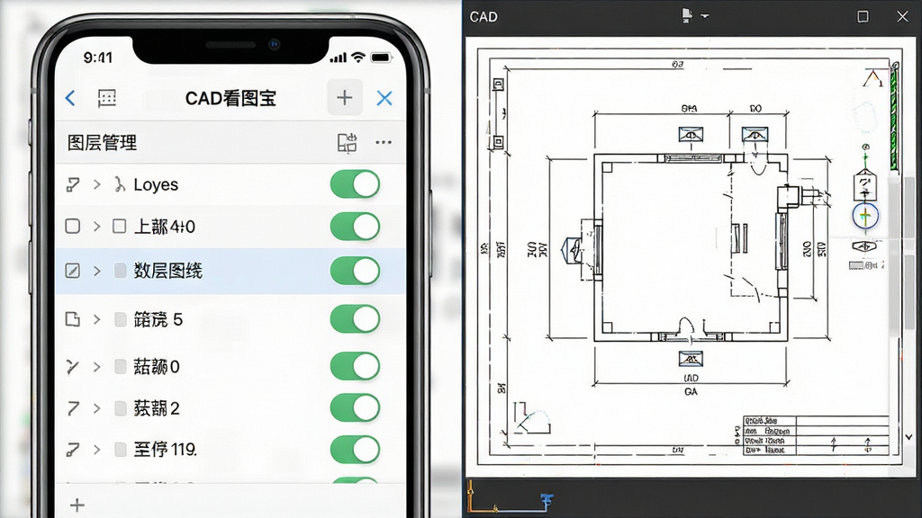 一张展示CAD看图宝图层管理功能的图片。主体是手机屏幕,屏幕上显示着一个图层列表菜单,旁边是CAD图纸。布局为左右分栏,左侧是图层列表,右侧是图纸预览。风格为简洁的商务风格。细节上,图层开关按钮清晰可见,图纸线条分明。画质清晰,干净,无多余元素。