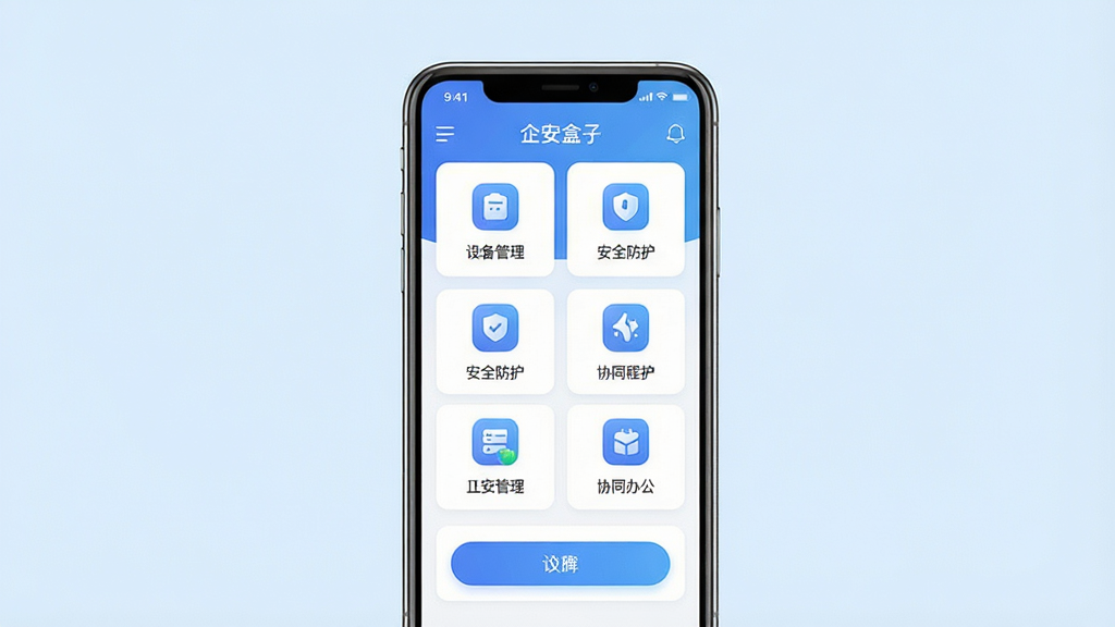 一张展示企安盒子软件主界面的图片,主体为一部智能手机屏幕,屏幕上显示企安盒子的应用界面,包含设备管理、安全防护、协同办公等功能模块图标。布局为居中构图,手机正面朝前,背景为简洁的浅蓝色渐变。排版清晰,风格为现代科技感UI设计。细节包括界面图标精致、文字清晰、按钮圆润。画质高清,画面干净,无多余元素。