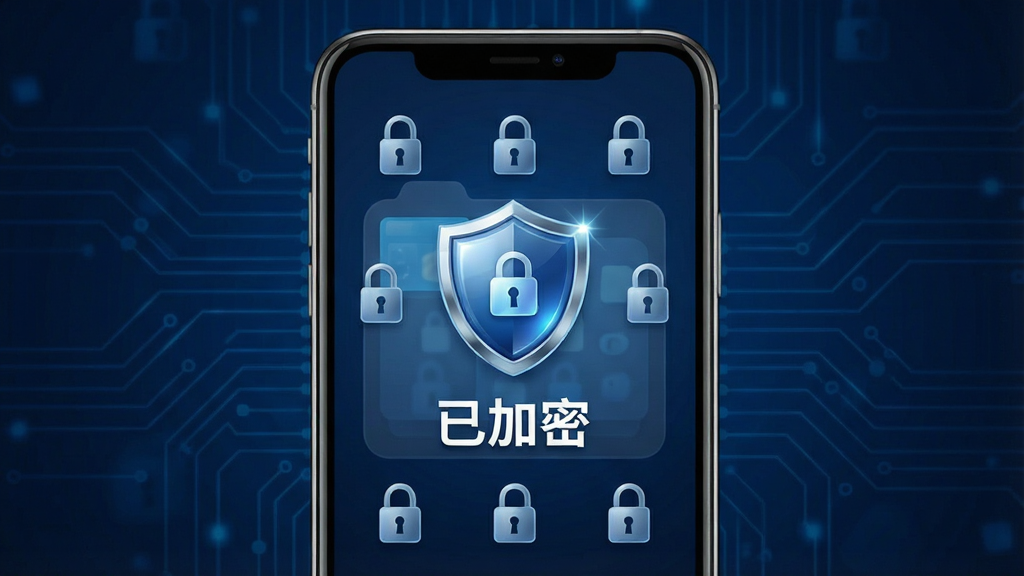 一张展示企安盒子数据加密功能的图片,主体为手机屏幕显示加密文件夹界面,屏幕中央有一个盾牌图标和“已加密”字样,周围环绕锁形图案。布局为手机居中,背景为深蓝色科技纹理。排版简洁,风格为安全防护主题。细节包括盾牌图标有光泽感、文字清晰、锁形图案排列整齐。画质高清,画面干净,无多余元素。