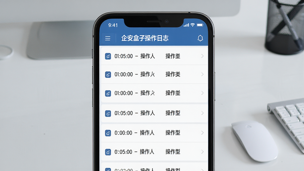 一张展示企安盒子操作日志界面的图片,主体为手机屏幕显示日志列表,列表中包含时间、操作人、操作类型等信息。布局为手机居中,背景为浅灰色办公桌面。排版整齐,风格为商务简约。细节包括列表条目清晰、图标简洁、文字可读性强。画质高清,画面干净,无多余元素。