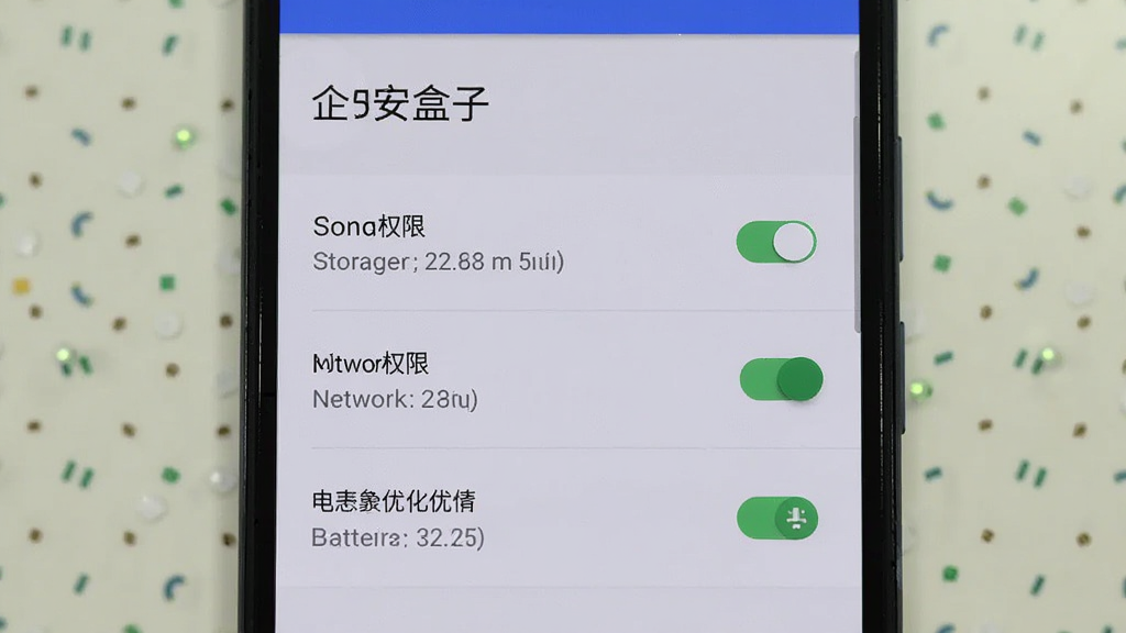 一部安卓手机显示企安盒子的权限设置页面,页面中包含存储权限、网络权限、电池优化等选项。布局为手机居中,背景为浅色桌面。排版清晰,风格为实用教程截图风格。细节包括权限开关状态明确、文字标注清晰、界面干净。画质高清,画面干净,无多余元素。