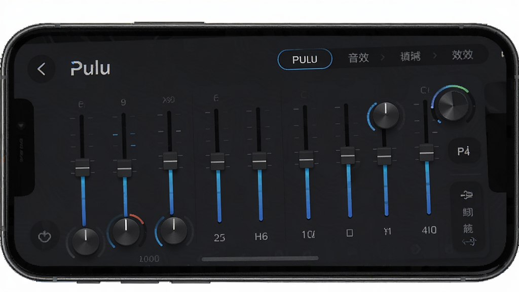 一张表现“Pulu”音乐软件音质设置的图片,主体为手机屏幕显示均衡器调节界面,布局为纵向排列多个频段滑块,排版清晰,风格为科技感深色主题,细节包括高低音调节旋钮、音效模式选项,画质高清,干净,无多余元素