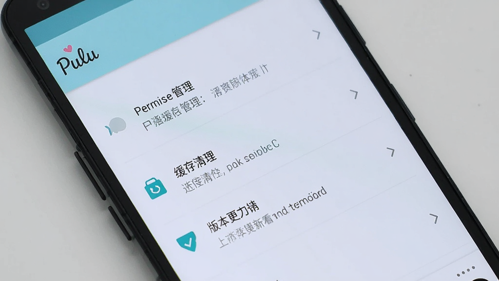 一部安卓手机屏幕上显示“Pulu”音乐应用的设置界面,主体为手机特写,布局为纵向列表,排版整齐,风格为清新浅色主题,细节包括权限管理、缓存清理、版本更新等选项,画质高清,干净,无多余元素