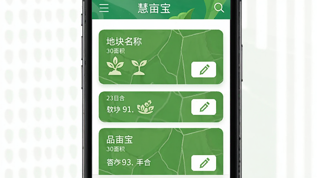 慧亩宝软件内地块档案管理界面截图风格图,主体为手机屏幕显示多个绿色地块卡片,布局为上下排列,排版清晰,风格为清新农业风,细节包括地块名称、面积数字、作物图标、编辑按钮,画质高清,干净无多余元素