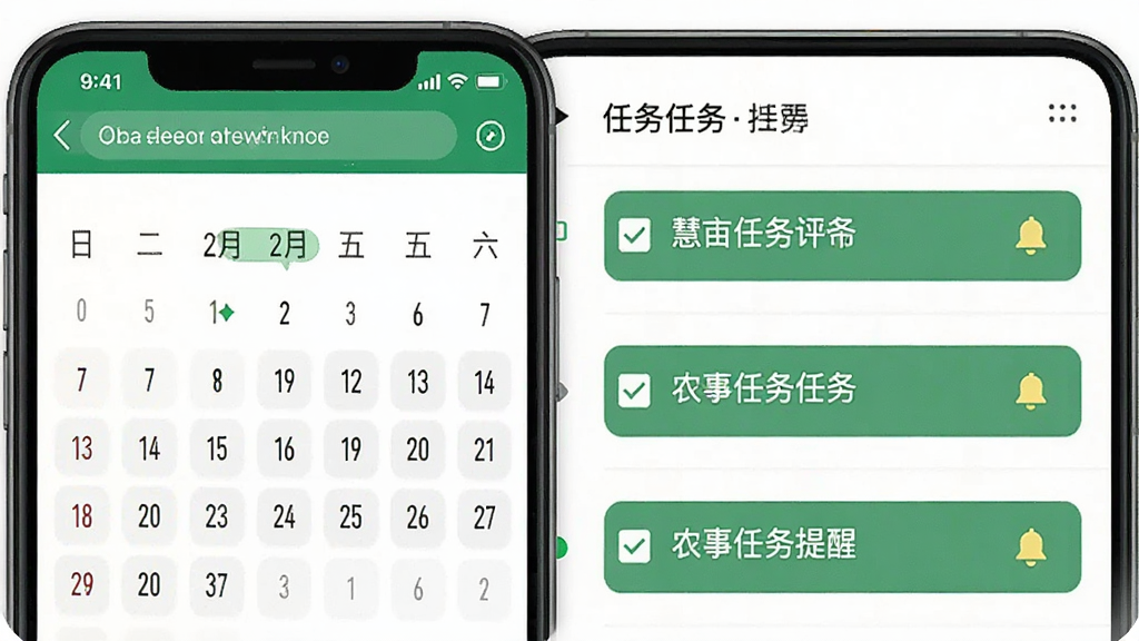 慧亩宝软件内农事任务提醒界面展示图,主体为手机屏幕显示日历与任务列表,布局为上下结构,排版整齐,风格为简约实用风,细节包括任务勾选框、日期标签、提醒铃铛图标,画质高清,干净无多余元素