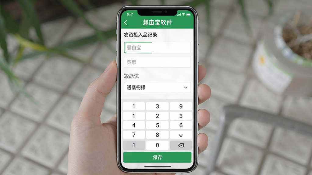 慧亩宝软件内农资投入品记录界面图,主体为手机屏幕显示表单填写页面,布局为纵向排列,排版规整,风格为清爽工具风,细节包括输入框、下拉菜单、数字键盘、保存按钮,画质高清,干净无多余元素