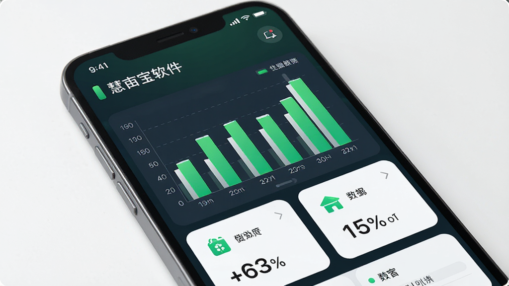 慧亩宝软件内数据统计概览界面图,主体为手机屏幕显示柱状图与数字卡片,布局为卡片式排列,排版清晰,风格为现代数据风,细节包括绿色柱状图、百分比数字、图标标注,画质高清,干净无多余元素