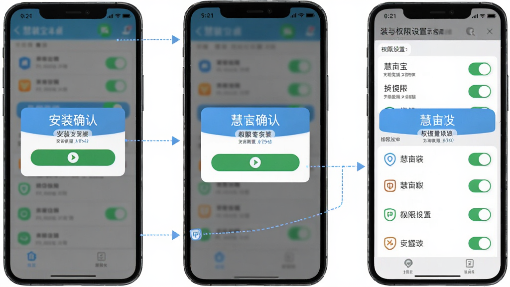 慧亩宝安卓版安装与权限设置示意图,主体为手机屏幕显示安装确认弹窗与权限开关列表,布局为纵向排列,排版清晰,风格为简洁教程风,细节包括安装按钮、权限图标、提示文字,画质高清,干净无多余元素