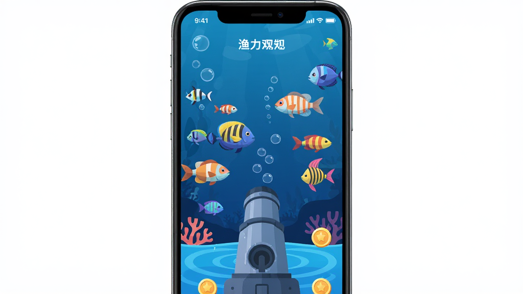 画面中央展示一部智能手机,屏幕上运行着渔力应用界面,背景是深海蓝色调,有五彩斑斓的鱼群游动,炮台位于屏幕下方,整体布局简洁明快,风格为扁平化数字插画,细节包括气泡、水波纹、金币图标,画质高清,干净,无多余元素